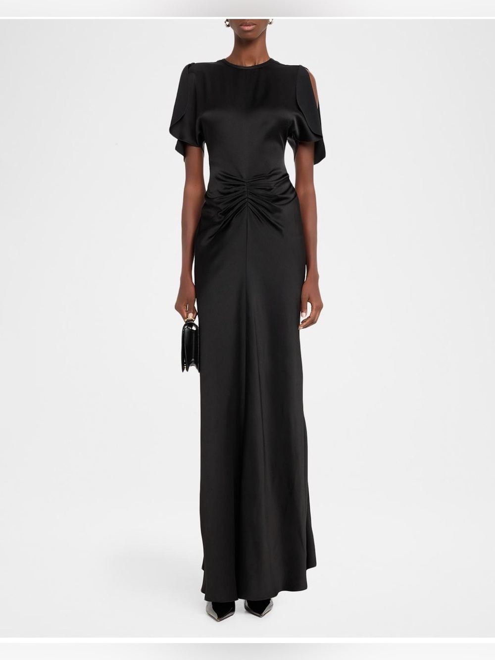 Victoria Beckham Isabella Black Satin Gathered Waist Evening Gown